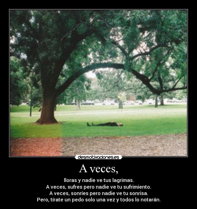 A veces, - lloras y nadie ve tus lagrimas.
A veces, sufres pero nadie ve tu sufrimiento.
A veces, sonríes pero nadie ve tu sonrisa.
Pero, tírate un pedo solo una vez y todos lo notarán.