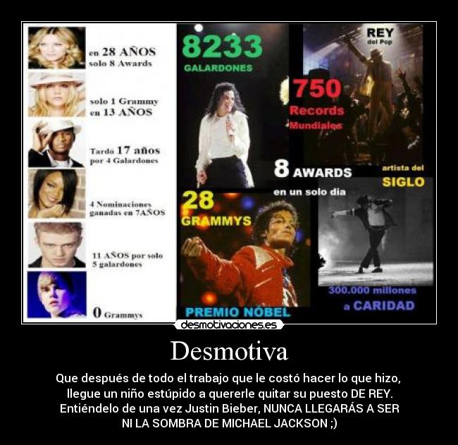 Desmotiva - Que después de todo el trabajo que le costó hacer lo que hizo,
llegue un niño estúpido a quererle quitar su puesto DE REY.
Entiéndelo de una vez Justin Bieber, NUNCA LLEGARÁS A SER
NI LA SOMBRA DE MICHAEL JACKSON ;)