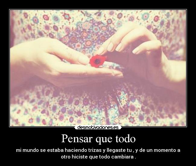 Pensar que todo - mi mundo se estaba haciendo trizas y llegaste tu , y de un momento a
otro hiciste que todo cambiara .