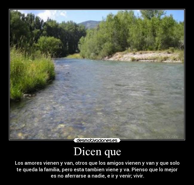 Dicen que - Los amores vienen y van, otros que los amigos vienen y van y que solo
te queda la familia, pero esta tambien viene y va. Pienso que lo mejor
es no aferrarse a nadie, e ir y venir; vivir.
