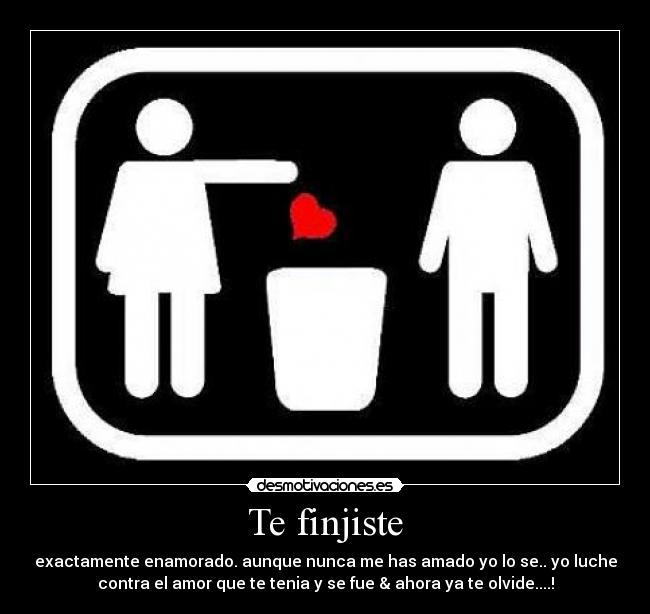 Te finjiste - exactamente enamorado. aunque nunca me has amado yo lo se.. yo luche
contra el amor que te tenia y se fue & ahora ya te olvide....!