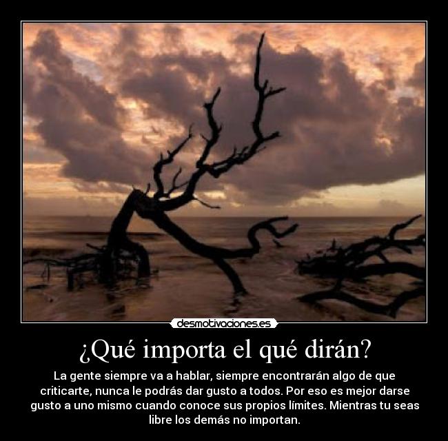 ¿Qué importa el qué dirán? - La gente siempre va a hablar, siempre encontrarán algo de que
criticarte, nunca le podrás dar gusto a todos. Por eso es mejor darse
gusto a uno mismo cuando conoce sus propios límites. Mientras tu seas
libre los demás no importan.