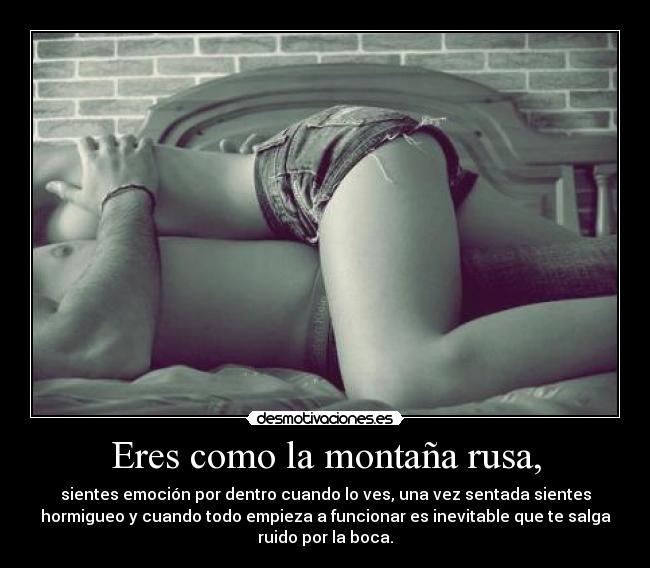 Eres como la montaña rusa, - sientes emoción por dentro cuando lo ves, una vez sentada sientes
hormigueo y cuando todo empieza a funcionar es inevitable que te salga
ruido por la boca.