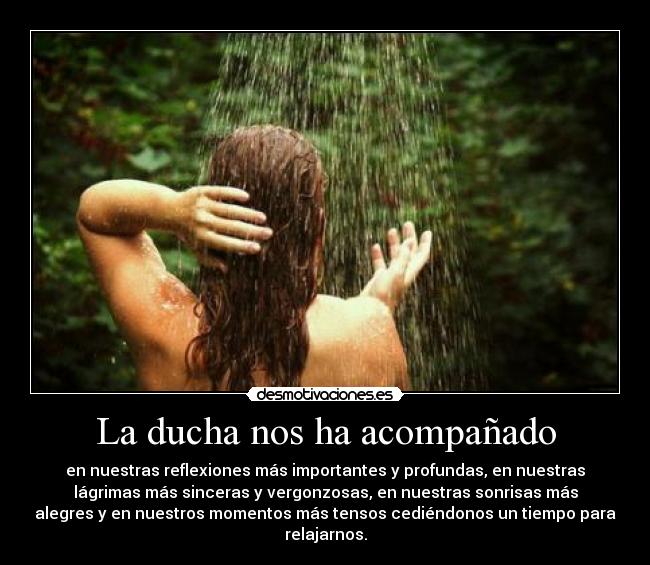La ducha nos ha acompañado - en nuestras reflexiones más importantes y profundas, en nuestras
lágrimas más sinceras y vergonzosas, en nuestras sonrisas más
alegres y en nuestros momentos más tensos cediéndonos un tiempo para
relajarnos.