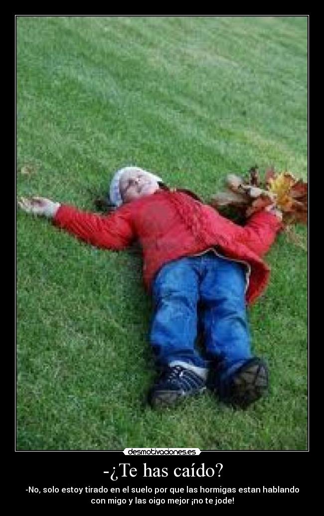 -¿Te has caído? - -No, solo estoy tirado en el suelo por que las hormigas estan hablando
con migo y las oigo mejor ¡no te jode!