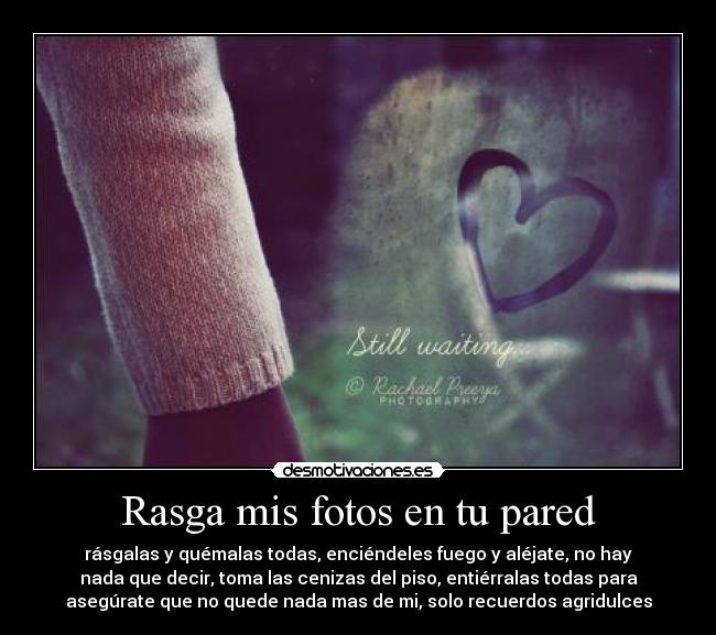 Rasga mis fotos en tu pared - rásgalas y quémalas todas, enciéndeles fuego y aléjate, no hay
nada que decir, toma las cenizas del piso, entiérralas todas para
asegúrate que no quede nada mas de mi, solo recuerdos agridulces