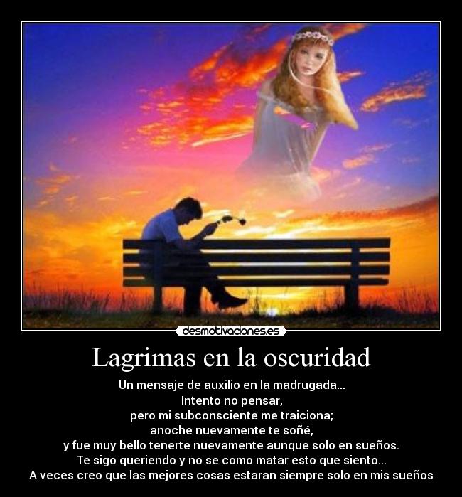 Lagrimas en la oscuridad - Un mensaje de auxilio en la madrugada...
Intento no pensar,
pero mi subconsciente me traiciona;
anoche nuevamente te soñé,
y fue muy bello tenerte nuevamente aunque solo en sueños.
Te sigo queriendo y no se como matar esto que siento...
A veces creo que las mejores cosas estaran siempre solo en mis sueños