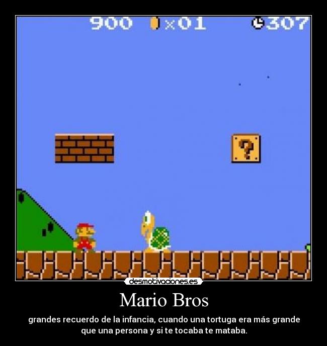 Mario Bros - grandes recuerdo de la infancia, cuando una tortuga era más grande
que una persona y si te tocaba te mataba.