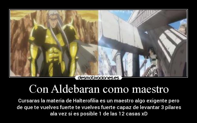 Con Aldebaran como maestro - Cursaras la materia de Halterofilia es un maestro algo exigente pero
de que te vuelves fuerte te vuelves fuerte capaz de levantar 3 pilares
ala vez si es posible 1 de las 12 casas xD