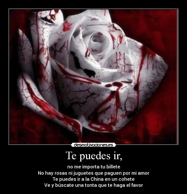 Te puedes ir, - no me importa tu billete
No hay rosas ni juguetes que paguen por mi amor
Te puedes ir a la China en un cohete
Ve y búscate una tonta que te haga el favor