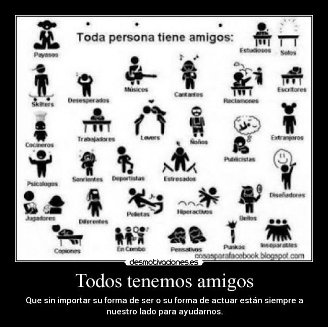Todos tenemos amigos - Que sin importar su forma de ser o su forma de actuar están siempre a
nuestro lado para ayudarnos.
