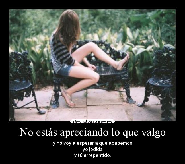 No estás apreciando lo que valgo - y no voy a esperar a que acabemos
yo jodida
y tú arrepentido.