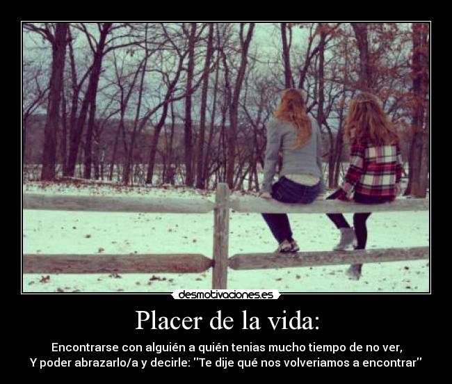 Placer de la vida: - Encontrarse con alguién a quién tenias mucho tiempo de no ver,
Y poder abrazarlo/a y decirle: Te dije qué nos volveriamos a encontrar
