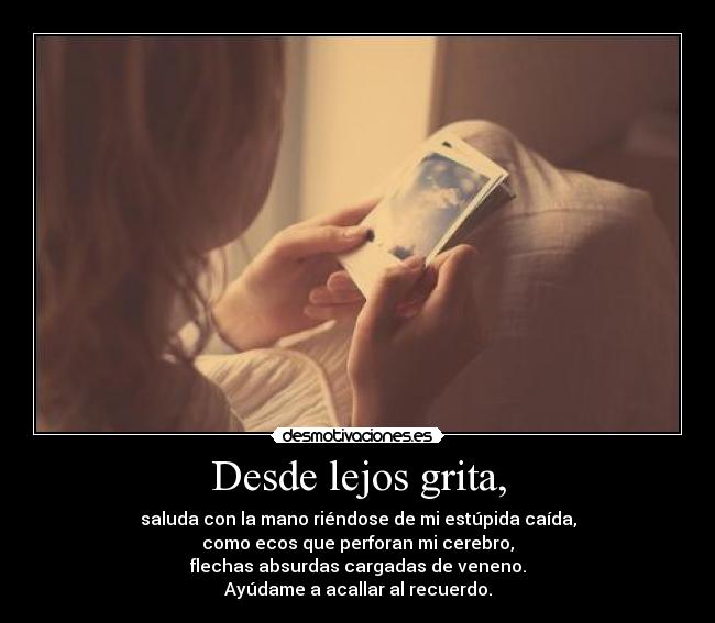 Desde lejos grita, - saluda con la mano riéndose de mi estúpida caída,
como ecos que perforan mi cerebro,
flechas absurdas cargadas de veneno.
Ayúdame a acallar al recuerdo.