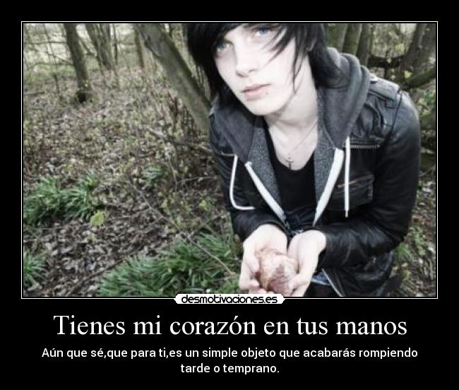 Tienes mi corazón en tus manos - Aún que sé,que para ti,es un simple objeto que acabarás rompiendo
tarde o temprano.