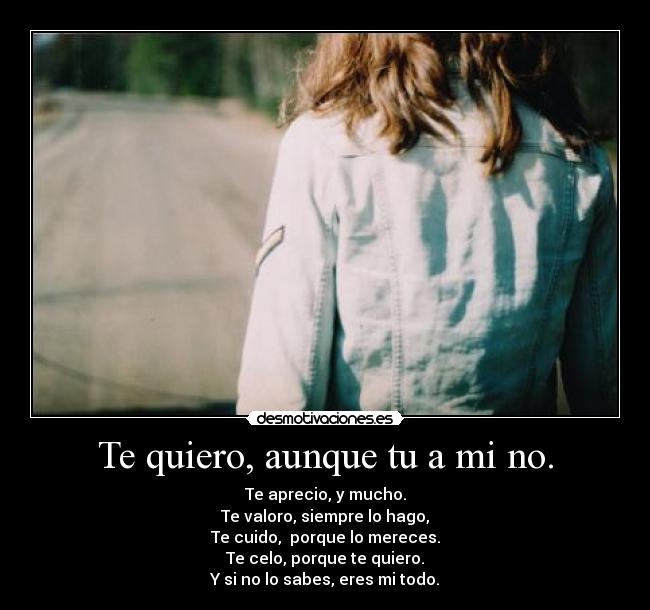 Te quiero, aunque tu a mi no. - Te aprecio, y mucho.
Te valoro, siempre lo hago,
Te cuido, porque lo mereces.
Te celo, porque te quiero.
Y si no lo sabes, eres mi todo.