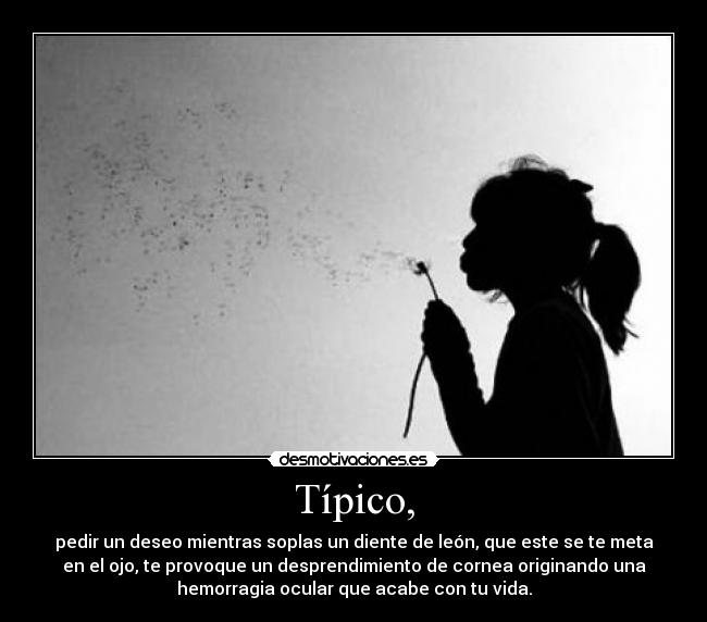 Típico, - pedir un deseo mientras soplas un diente de león, que este se te meta
en el ojo, te provoque un desprendimiento de cornea originando una
hemorragia ocular que acabe con tu vida.