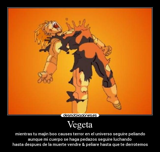 Vegeta - mientras tu majin boo causes terror en el universo seguire peliando
aunque mi cuerpo se haga pedazos seguire luchando 
hasta despues de la muerte vendre & peliare hasta que te derrotemos