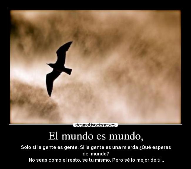 El mundo es mundo, - Solo si la gente es gente. Si la gente es una mierda ¿Qué esperas del mundo?
No seas como el resto, se tu mismo. Pero sé lo mejor de ti...