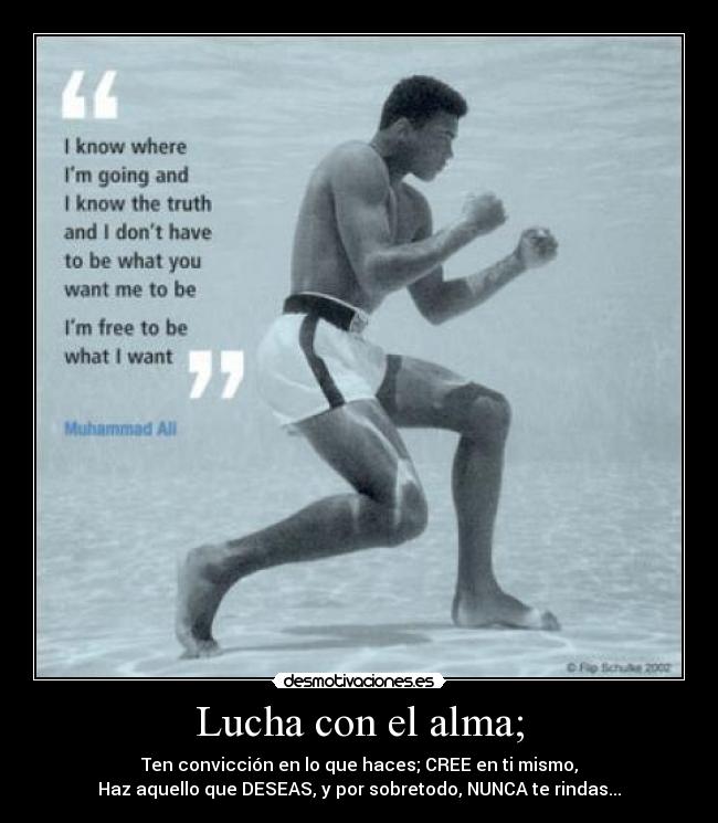 Lucha con el alma; - Ten convicción en lo que haces; CREE en ti mismo,
Haz aquello que DESEAS, y por sobretodo, NUNCA te rindas...