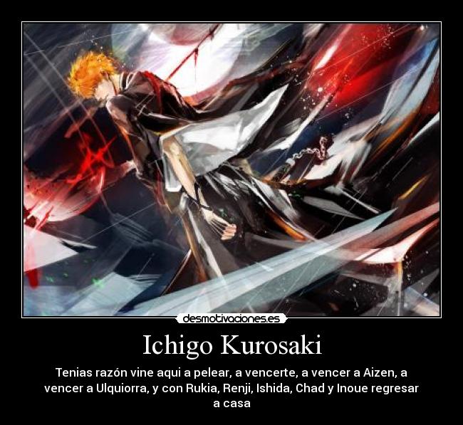 Ichigo Kurosaki - Tenias razón vine aqui a pelear, a vencerte, a vencer a Aizen, a
vencer a Ulquiorra, y con Rukia, Renji, Ishida, Chad y Inoue regresar
a casa