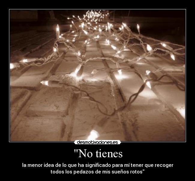 No tienes - la menor idea de lo que ha significado para mí tener que recoger
todos los pedazos de mis sueños rotos