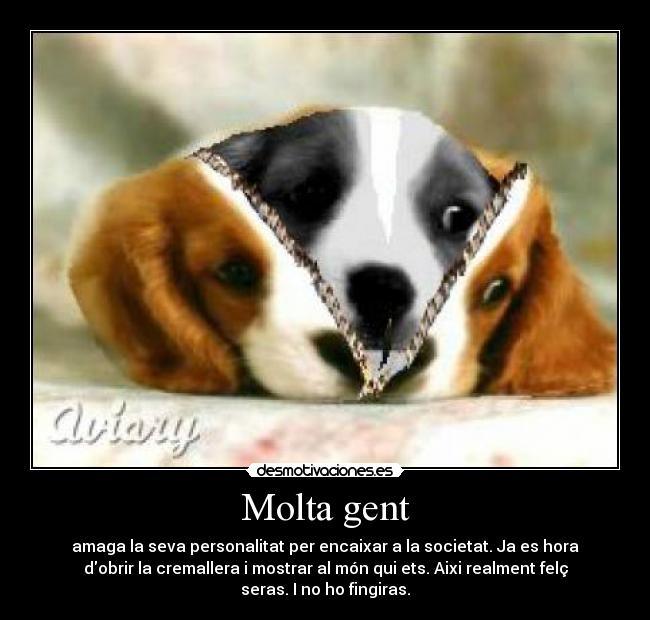 Molta gent - amaga la seva personalitat per encaixar a la societat. Ja es hora
dobrir la cremallera i mostrar al món qui ets. Aixi realment felç
seras. I no ho fingiras.