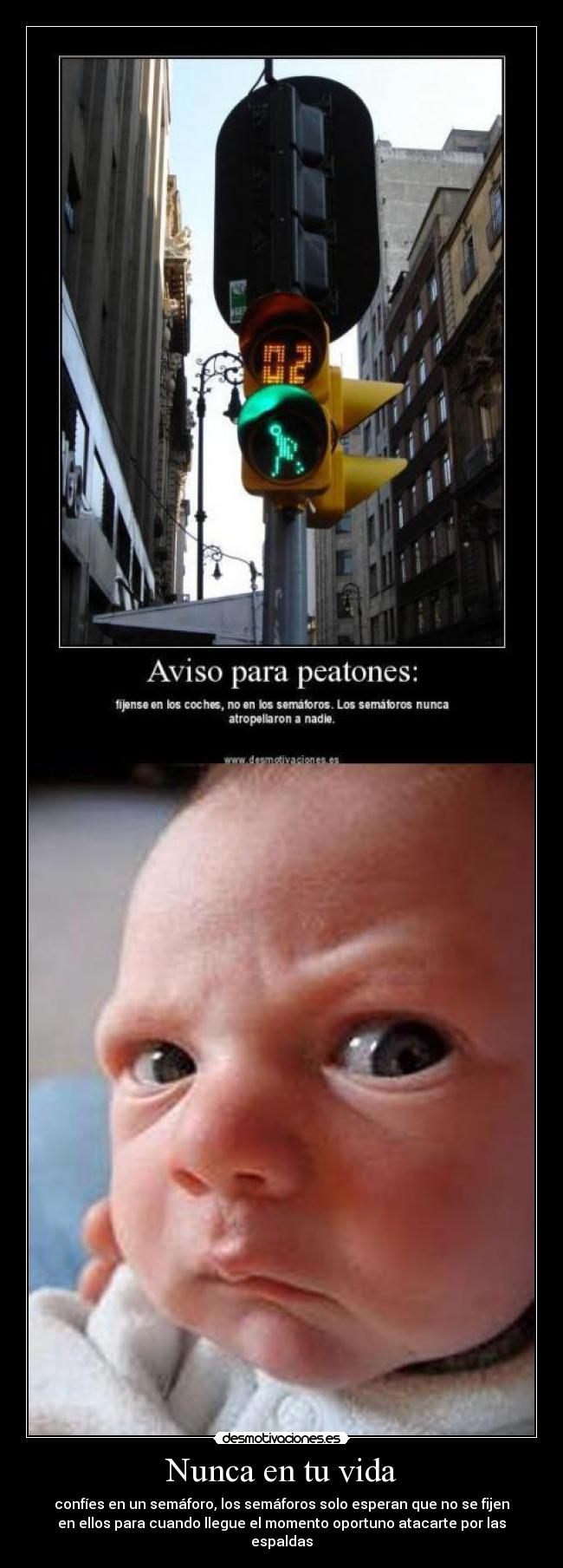 Nunca en tu vida - confíes en un semáforo, los semáforos solo esperan que no se fijen
en ellos para cuando llegue el momento oportuno atacarte por las
espaldas
