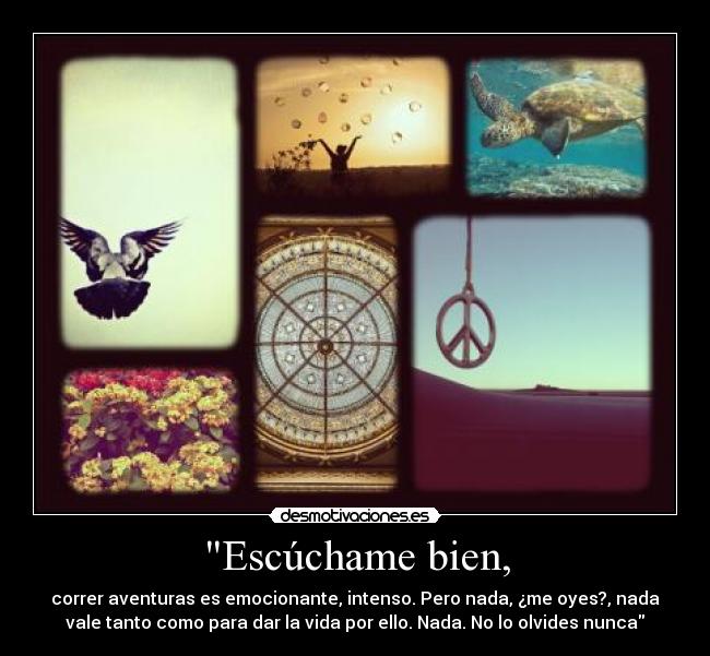 Escúchame bien, - correr aventuras es emocionante, intenso. Pero nada, ¿me oyes?, nada
vale tanto como para dar la vida por ello. Nada. No lo olvides nunca
