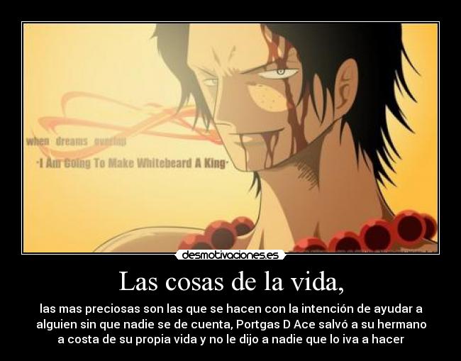 Las cosas de la vida, - las mas preciosas son las que se hacen con la intención de ayudar a
alguien sin que nadie se de cuenta, Portgas D Ace salvó a su hermano
a costa de su propia vida y no le dijo a nadie que lo iva a hacer