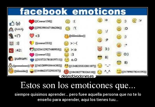 Estos son los emoticones que... - siempre quisimos aprender... pero fuee aquella persona que no te lo
enseño para aprender, aqui los tienes tuu...