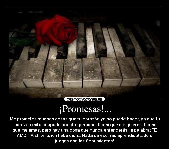 ¡Promesas!... - Me prometes muchas cosas que tu corazón ya no puede hacer, ya que tu
corazón esta ocupado por otra persona, Dices que me quieres, Dices
que me amas, pero hay una cosa que nunca entenderás, la palabra: TE
AMO... Aishiteru, ich liebe dich... Nada de eso has aprendido! ...Solo
juegas con los Sentimientos!