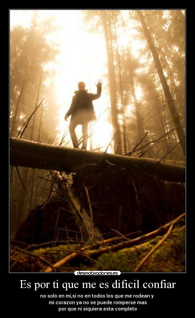 Es por ti que me es dificil confiar - no solo en mi,si no en todos los que me rodean y
mi corazon ya no se puede romperse mas
por que ni siquiera esta completo