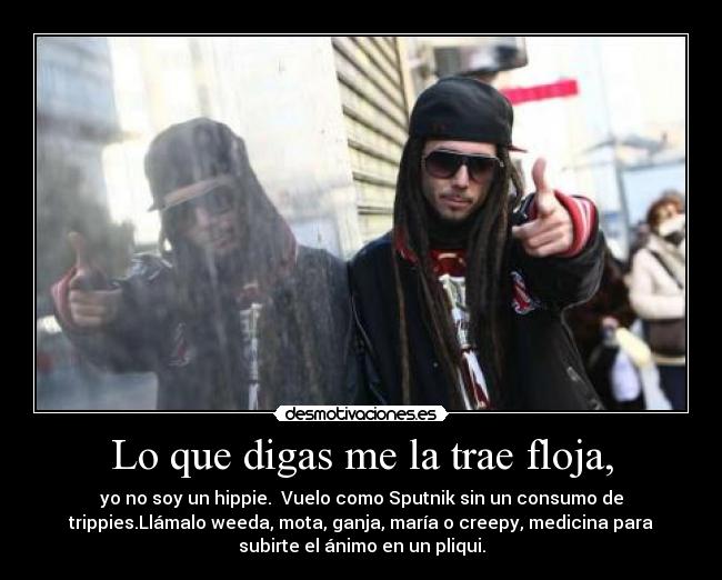 Lo que digas me la trae floja, - yo no soy un hippie.  Vuelo como Sputnik sin un consumo de
trippies.Llámalo weeda, mota, ganja, maría o creepy, medicina para
subirte el ánimo en un pliqui.