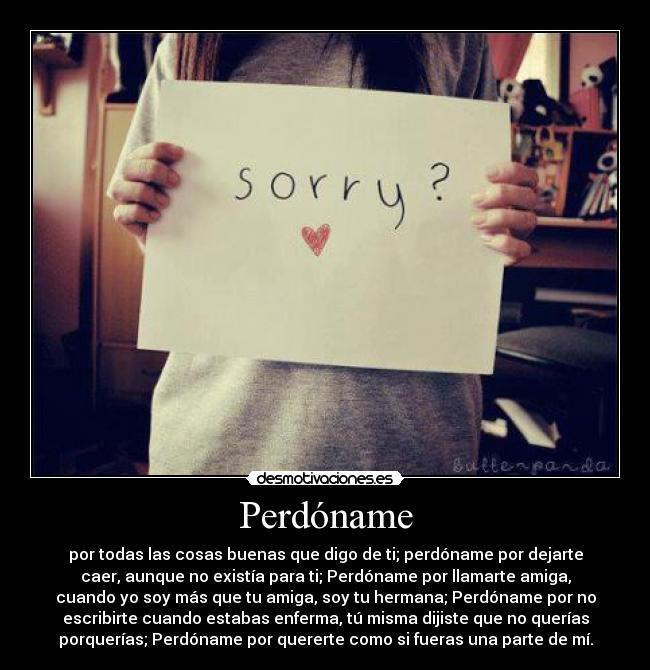 Perdóname - por todas las cosas buenas que digo de ti; perdóname por dejarte
caer, aunque no existía para ti; Perdóname por llamarte amiga,
cuando yo soy más que tu amiga, soy tu hermana; Perdóname por no
escribirte cuando estabas enferma, tú misma dijiste que no querías
porquerías; Perdóname por quererte como si fueras una parte de mí.