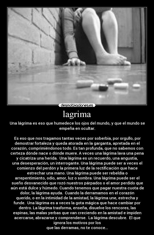 lagrima - Una lágrima es eso que humedece los ojos del mundo, y que el mundo se
empeña en ocultar.
Es eso que nos tragamos tantas veces por soberbia, por orgullo, por
demostrar fortaleza y queda atorada en la garganta, apretada en el
corazón, comprimiéndonos todo. Es tan profunda, que no sabemos con
certeza dónde nace o dónde muere. A veces una lágrima lava una pena
y cicatriza una herida. Una lágrima es un recuerdo, una angustia,
una desesperación, un interrogante. Una lágrima puede ser a veces el
comienzo del perdón y la primera luz de la rectificación que hace
estrechar una mano. Una lágrima puede ser rebeldía o
arrepentimiento, odio, amor, luz o sombra. Una lágrima puede ser el
sueño desvanecido que rozó nuestros párpados o el amor perdido que
aún está dulce y húmedo. Cuando tenemos que pagar nuestra cuota de
dolor, la lágrima ayuda. Cuando la derramamos en el corazón
querido, o en la intimidad de la amistad, la lágrima une, estrecha y
funde. Una lágrima es a veces la gota mágica que hace cambiar por
dentro. La lágrima trasforma, enseña, disuelve los rencores, las
espinas, las malas yerbas que van creciendo en la amistad e impiden
acercarse, abrazarse y comprenderse. La lágrima descubre. El que
ignora los motivos por los
que las derramas, no te conoce...