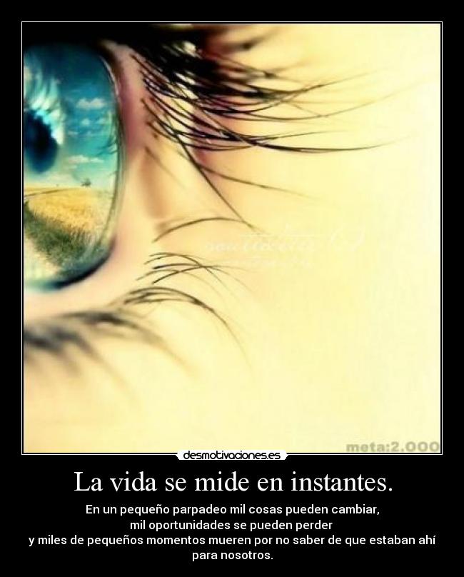 La vida se mide en instantes. - En un pequeño parpadeo mil cosas pueden cambiar,
mil oportunidades se pueden perder 
y miles de pequeños momentos mueren por no saber de que estaban ahí
para nosotros.