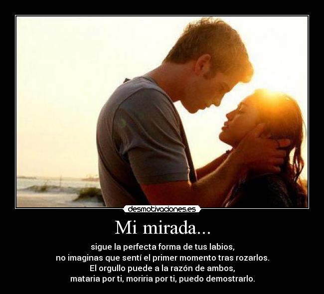 Mi mirada... - sigue la perfecta forma de tus labios,
no imaginas que sentí el primer momento tras rozarlos.
El orgullo puede a la razón de ambos,
mataria por ti, moriria por ti, puedo demostrarlo.