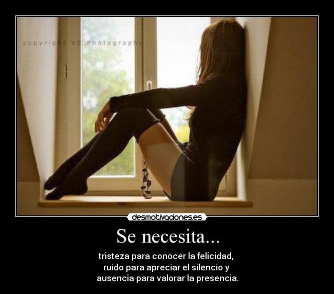 Se necesita... - tristeza para conocer la felicidad,
ruido para apreciar el silencio y
ausencia para valorar la presencia.