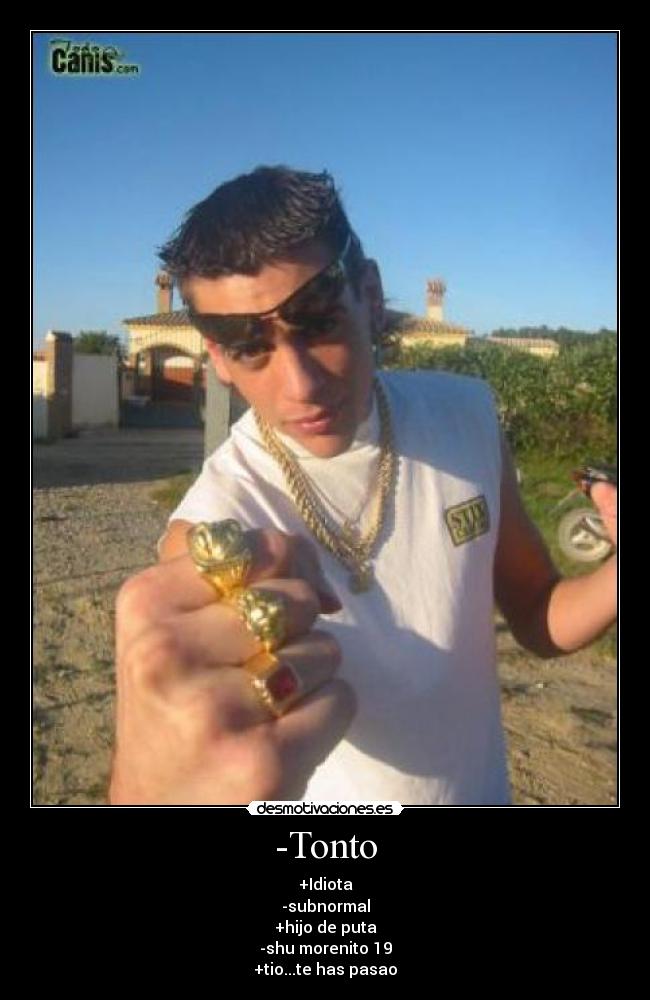 -Tonto - +Idiota
-subnormal
+hijo de puta
-shu morenito 19
+tio...te has pasao