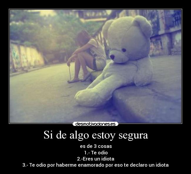 Si de algo estoy segura - es de 3 cosas
1.- Te odio
2.-Eres un idiota
3.- Te odio por haberme enamorado por eso te declaro un idiota