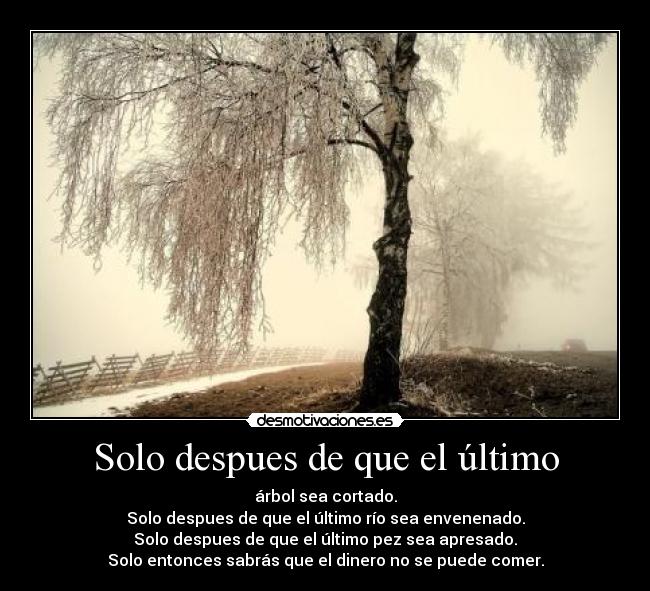 Solo despues de que el último - árbol sea cortado.
Solo despues de que el último río sea envenenado.
Solo despues de que el último pez sea apresado.
Solo entonces sabrás que el dinero no se puede comer.