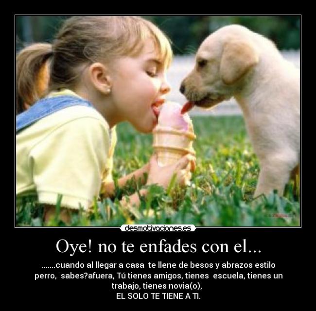 Oye! no te enfades con el... - .......cuando al llegar a casa te llene de besos y abrazos estilo
perro, sabes?afuera, Tú tienes amigos, tienes escuela, tienes un
trabajo, tienes novia(o),
EL SOLO TE TIENE A TI.