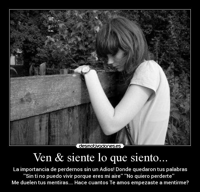 Ven & siente lo que siento... - La importancia de perdernos sin un Adios! Donde quedaron tus palabras
Sin ti no puedo vivir porque eres mi aire No quiero perderte
Me duelen tus mentiras.... Hace cuantos Te amos empezaste a mentirme?