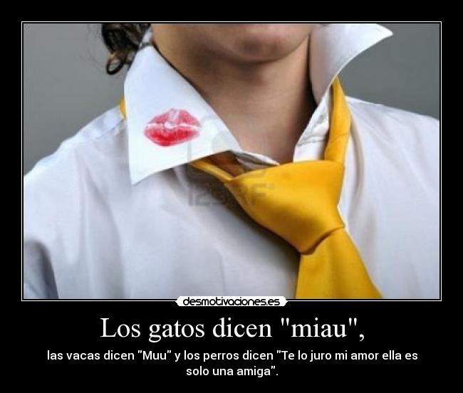 Los gatos dicen miau, - las vacas dicen Muu y los perros dicen Te lo juro mi amor ella es solo una amiga.