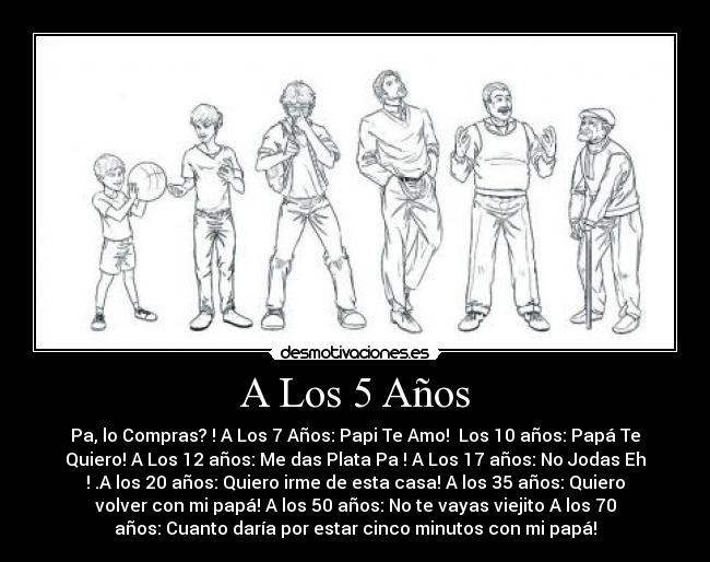 A Los 5 Años - Pa, lo Compras? ! A Los 7 Años: Papi Te Amo! Los 10 años: Papá Te
Quiero! A Los 12 años: Me das Plata Pa ! A Los 17 años: No Jodas Eh
! .A los 20 años: Quiero irme de esta casa! A los 35 años: Quiero
volver con mi papá! A los 50 años: No te vayas viejito A los 70
años: Cuanto daría por estar cinco minutos con mi papá!