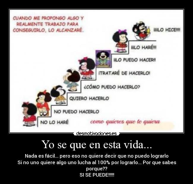 Yo se que en esta vida... - Nada es fácil... pero eso no quiere decir que no puedo lograrlo
Si no uno quiere algo uno lucha al 100% por lograrlo... Por que sabes porque??
SI SE PUEDE!!!!!