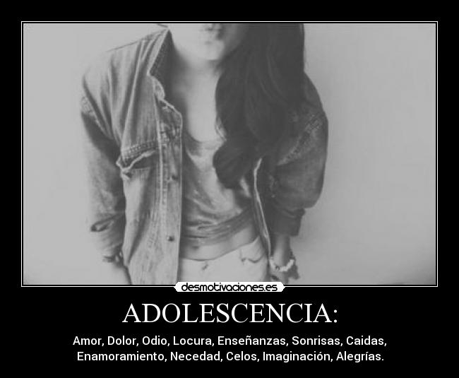 ADOLESCENCIA: - Amor, Dolor, Odio, Locura, Enseñanzas, Sonrisas, Caidas,
Enamoramiento, Necedad, Celos, Imaginación, Alegrías.