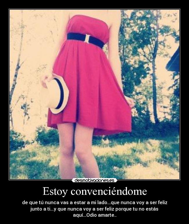 Estoy convenciéndome - de que tú nunca vas a estar a mi lado...que nunca voy a ser feliz
junto a ti...y que nunca voy a ser feliz porque tu no estás
aquí...Odio amarte..