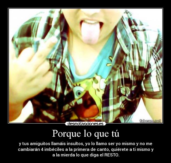 Porque lo que tú - y tus amiguitos llamáis insultos, yo lo llamo ser yo mismo y no me
cambiarán 4 imbéciles a la primera de canto, quiérete a ti mismo y
a la mierda lo que diga el RESTO.